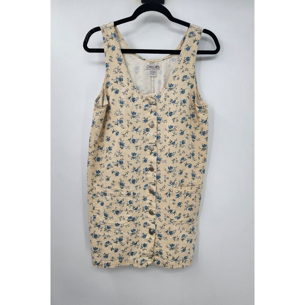 Vintage Cherokee Foral White Blue Denim Dress Overall Size Small